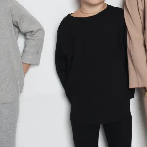 Camie Cotton Rib Raw Hem Sweatshirt  (Black)