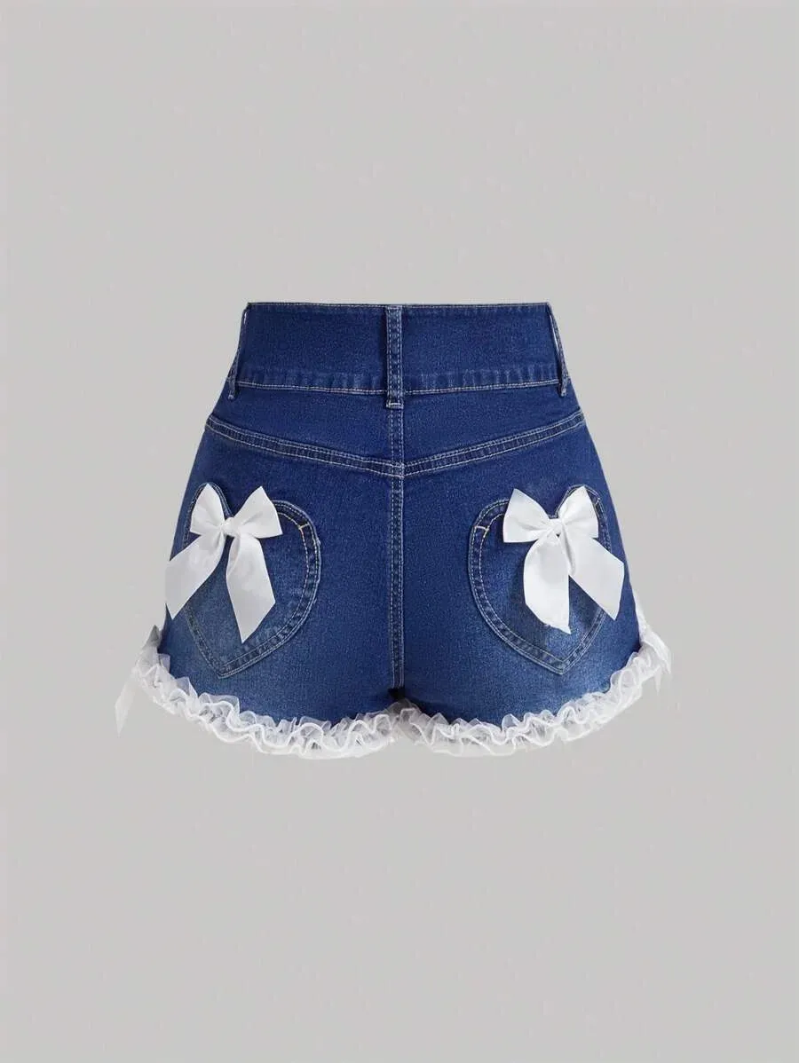 Camryn Denim Shorts Women with Bow Details in Blue