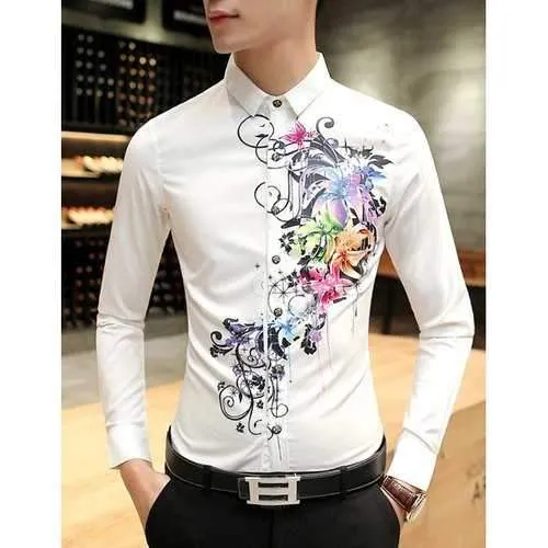 Casual Shirt Collar 3D Colored Drawing Floral Pattern Long Sleeves Slim Fit Shirt For Men - White M
