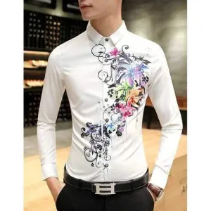 Casual Shirt Collar 3D Colored Drawing Floral Pattern Long Sleeves Slim Fit Shirt For Men - White M