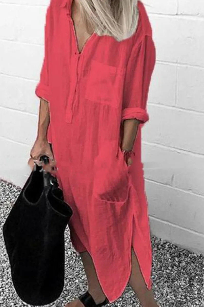 Casual Solid Split Joint Turndown Collar Shirt Dress Dresses