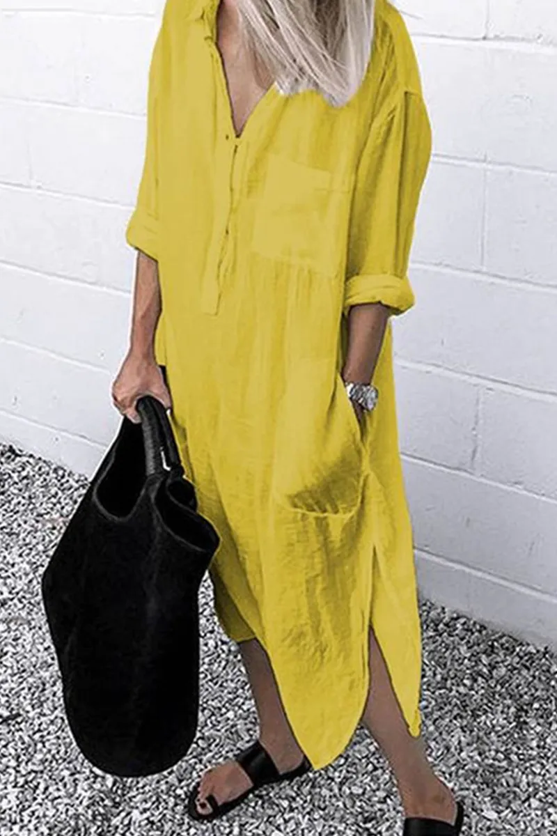 Casual Solid Split Joint Turndown Collar Shirt Dress Dresses