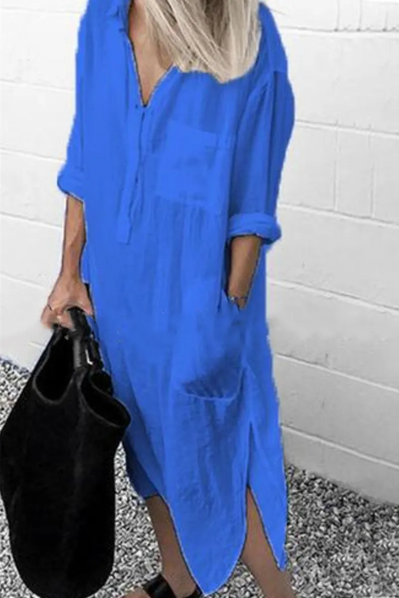 Casual Solid Split Joint Turndown Collar Shirt Dress Dresses