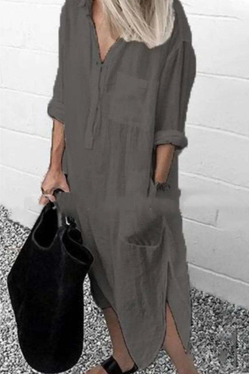Casual Solid Split Joint Turndown Collar Shirt Dress Dresses