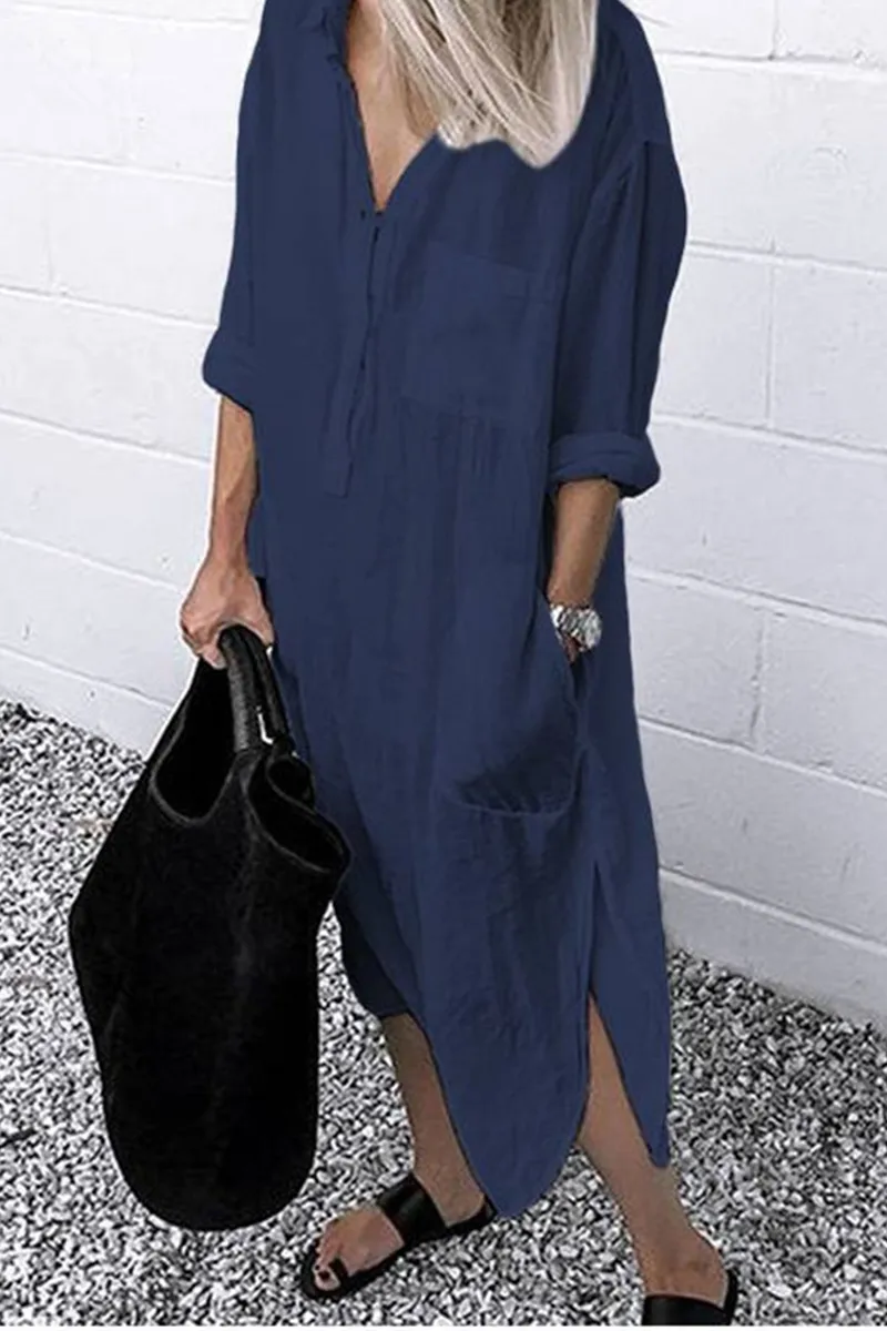 Casual Solid Split Joint Turndown Collar Shirt Dress Dresses