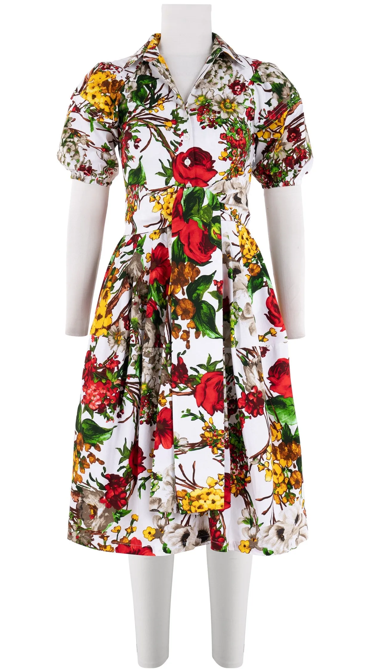 Claire Dress Shirt Collar 1/2 Puff Sleeve Long Length Cotton Stretch (Alpine Flowers)