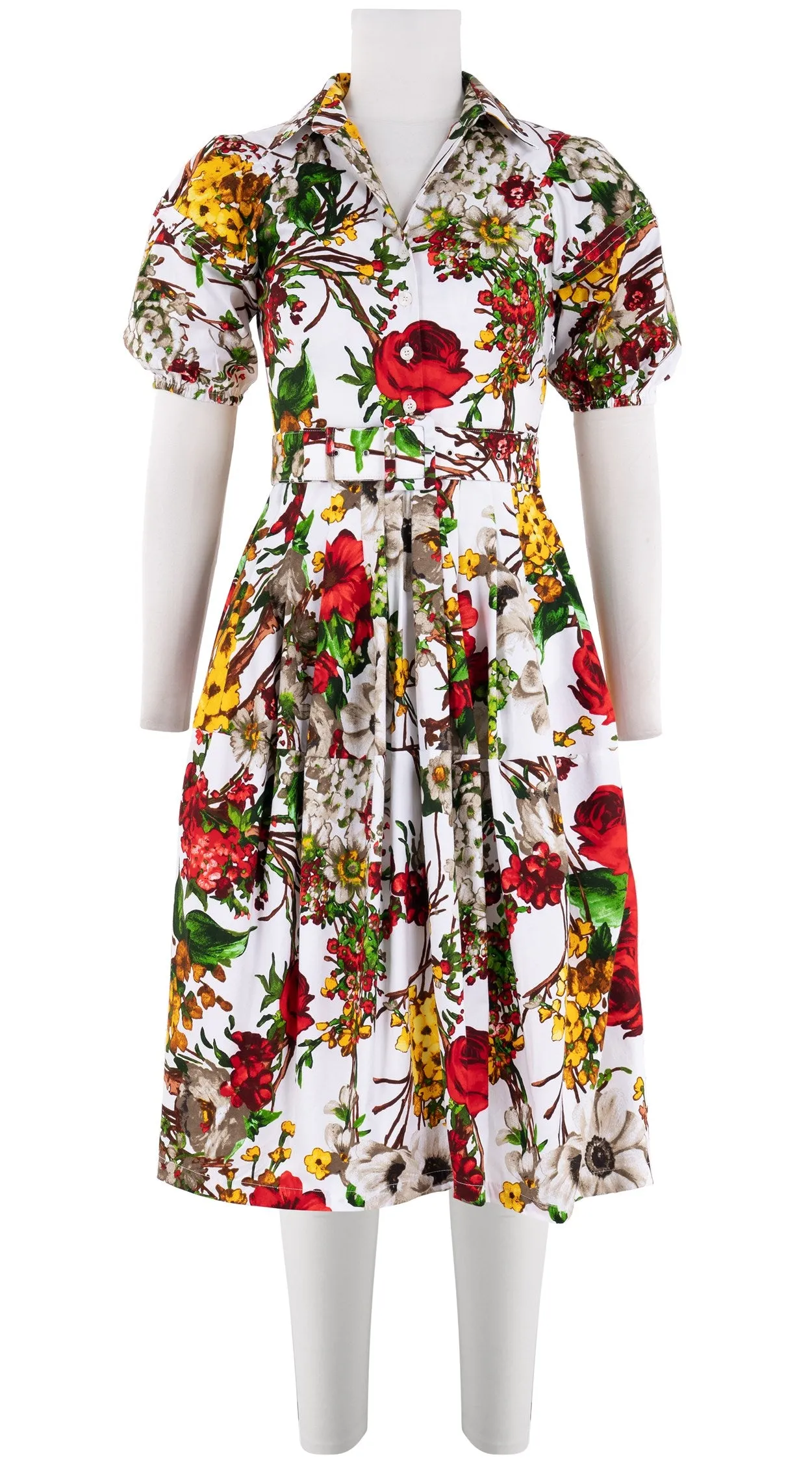 Claire Dress Shirt Collar 1/2 Puff Sleeve Long Length Cotton Stretch (Alpine Flowers)