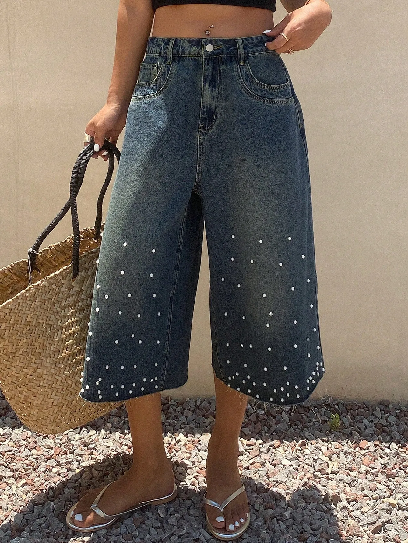 CM-BS100250 Women Casual Seoul Style Mid Waist Loose Rhinestones Beaded Denim Shorts - Blue
