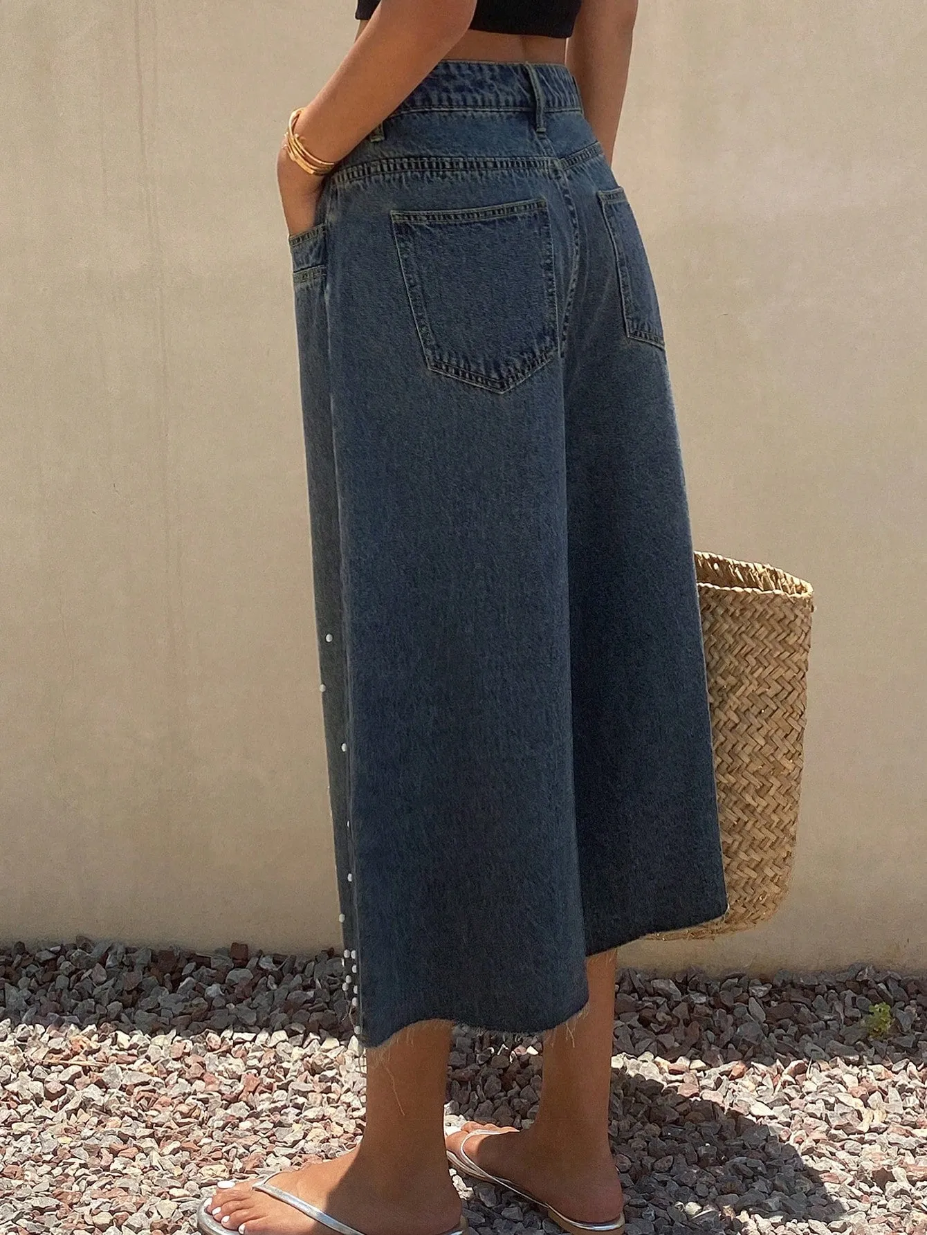 CM-BS100250 Women Casual Seoul Style Mid Waist Loose Rhinestones Beaded Denim Shorts - Blue