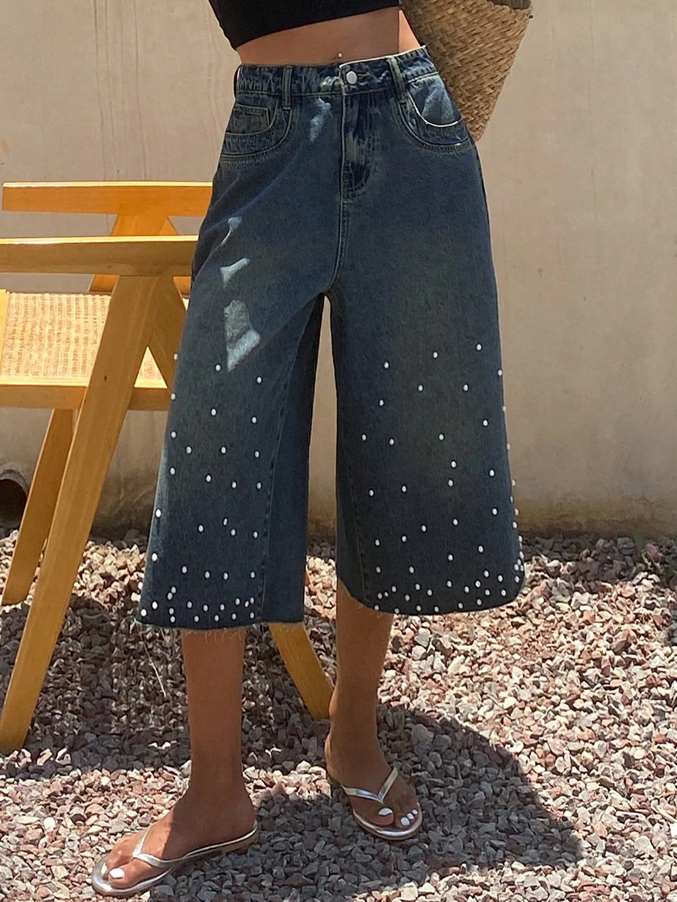 CM-BS100250 Women Casual Seoul Style Mid Waist Loose Rhinestones Beaded Denim Shorts - Blue