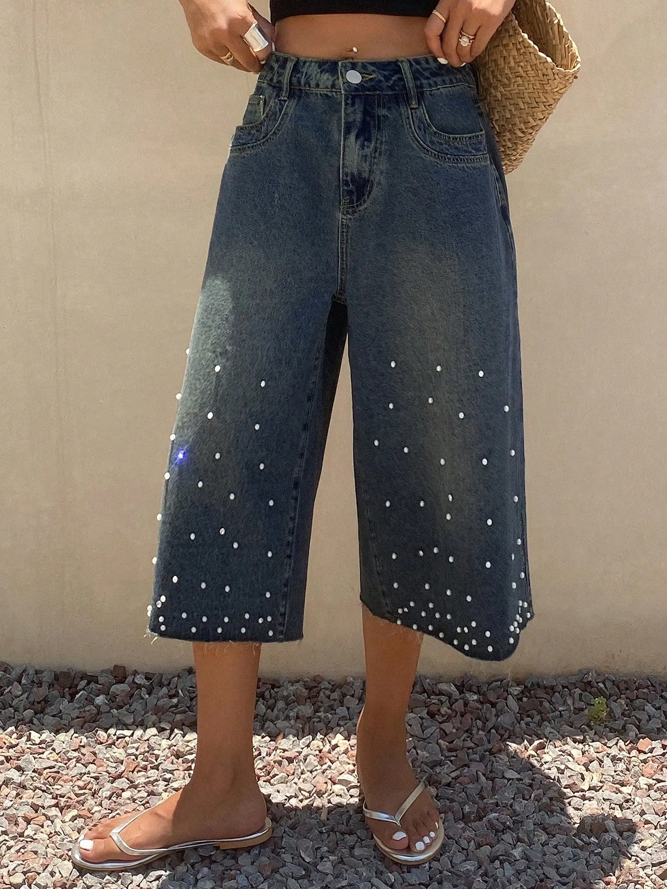 CM-BS100250 Women Casual Seoul Style Mid Waist Loose Rhinestones Beaded Denim Shorts - Blue