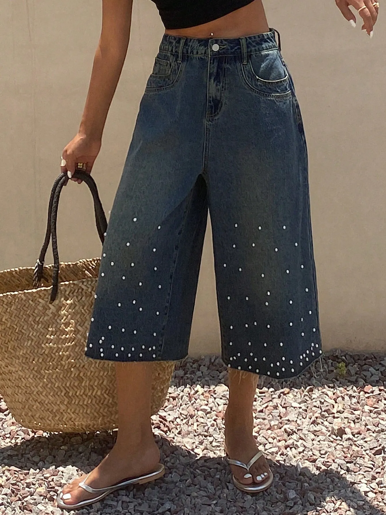 CM-BS100250 Women Casual Seoul Style Mid Waist Loose Rhinestones Beaded Denim Shorts - Blue