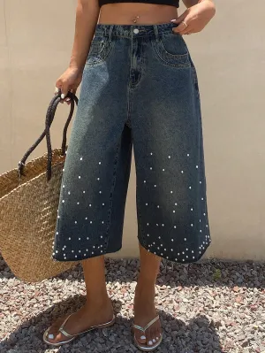 CM-BS100250 Women Casual Seoul Style Mid Waist Loose Rhinestones Beaded Denim Shorts - Blue