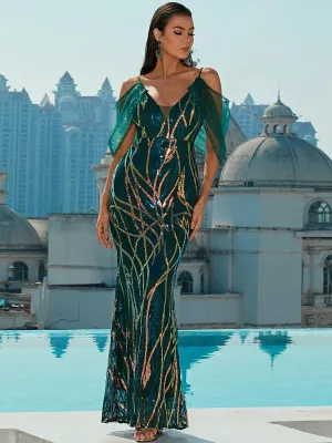 Cold Shoulder Sequin Graphic Prom Dress M02040
