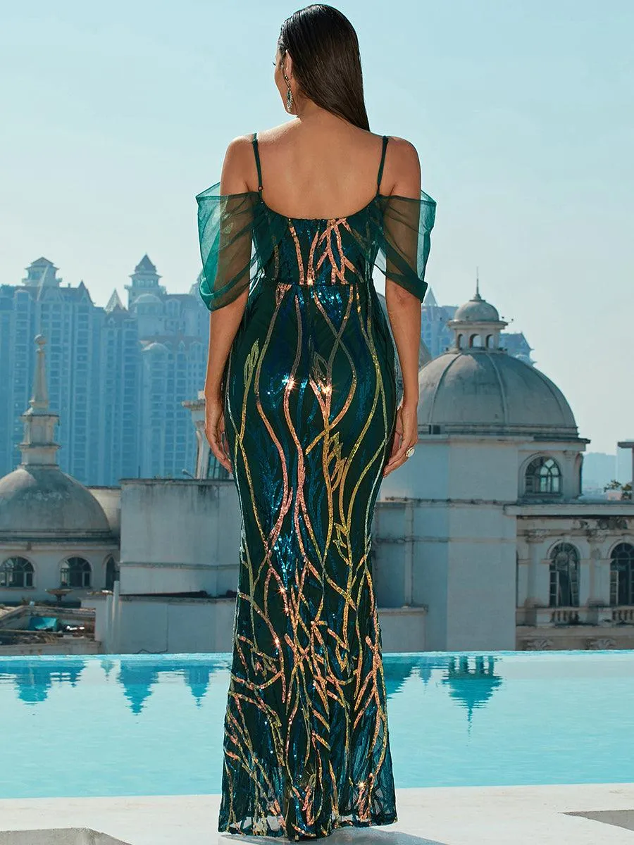 Cold Shoulder Sequin Graphic Prom Dress M02040