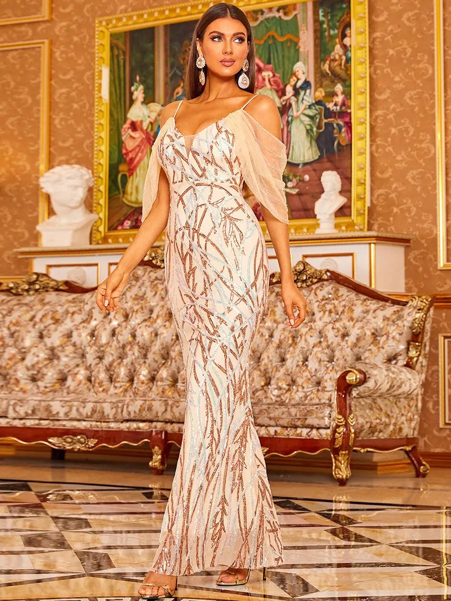 Cold Shoulder Sequin Graphic Prom Dress M02040