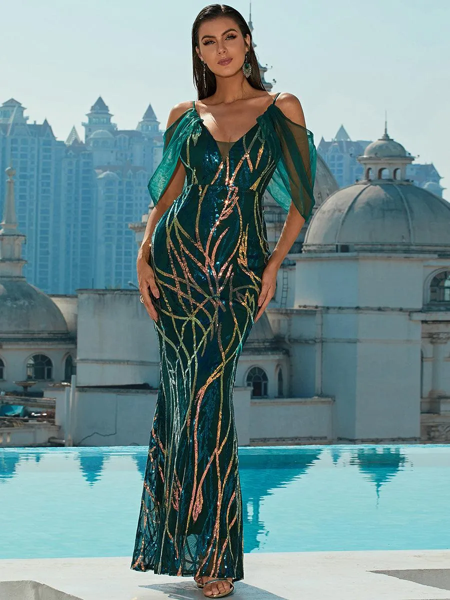 Cold Shoulder Sequin Graphic Prom Dress M02040