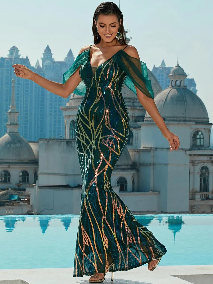 Cold Shoulder Sequin Graphic Prom Dress M02040