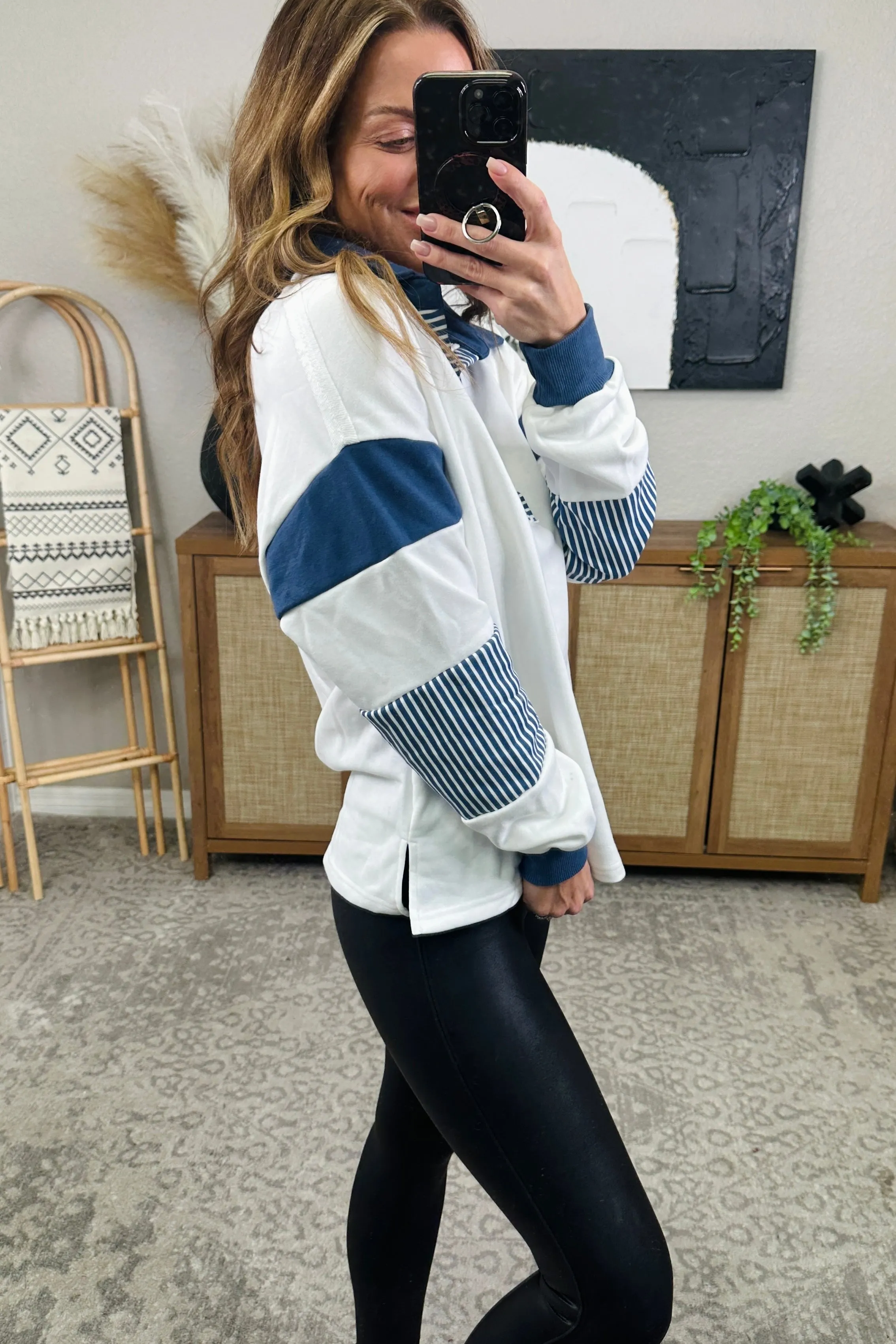 Color Block Johnny Collar Long Sleeve Sweatshirt
