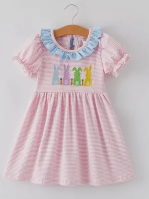 Colorful Bunnies Striped Dress: Pink Multi
