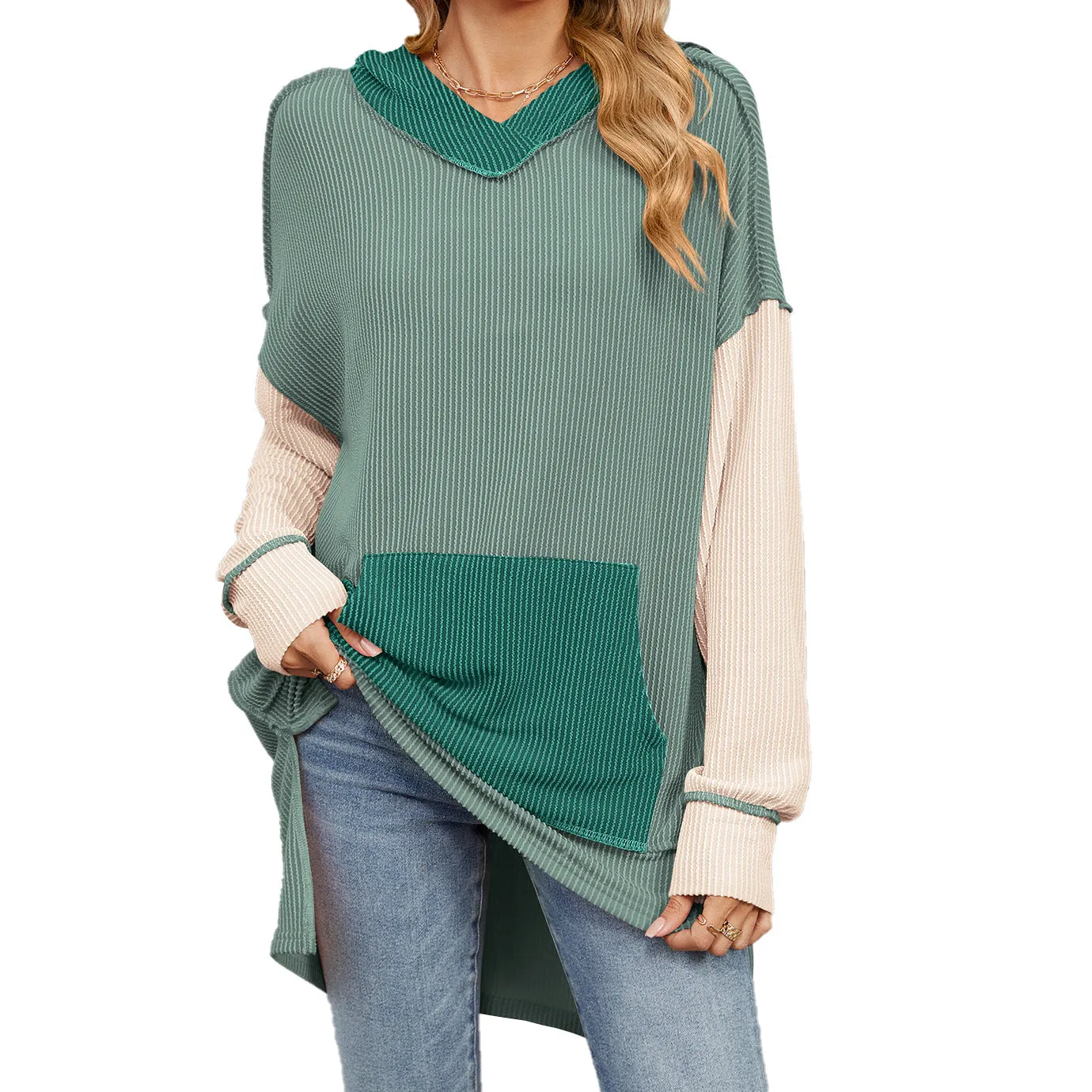 Contrast Pocket Long Sleeve Loose Hooded Sweatshirts Wholesale Womens Clothing N3824091200021