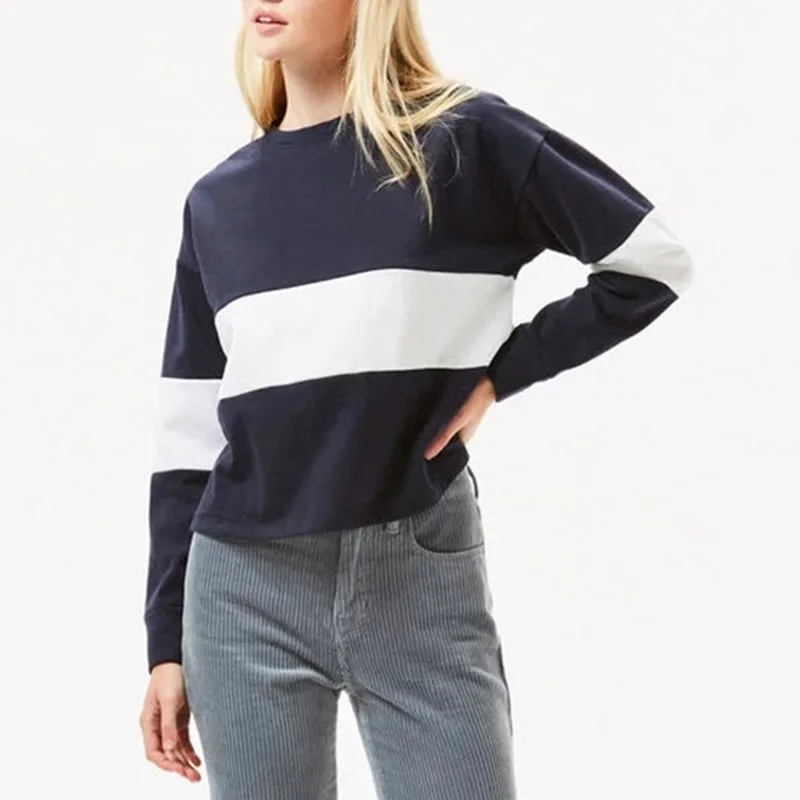 Contrast Stitching Round Neck Long Sleeve Casual Loose Pullover Sweater