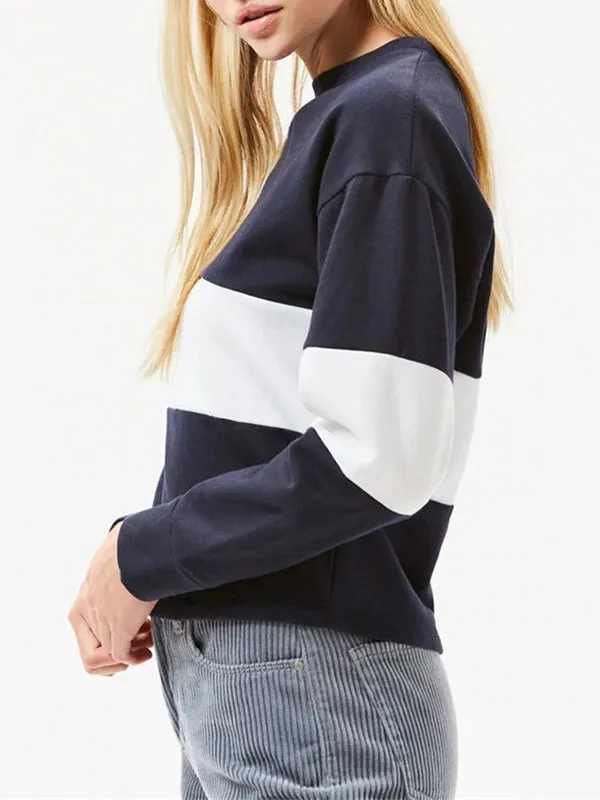 Contrast Stitching Round Neck Long Sleeve Casual Loose Pullover Sweater