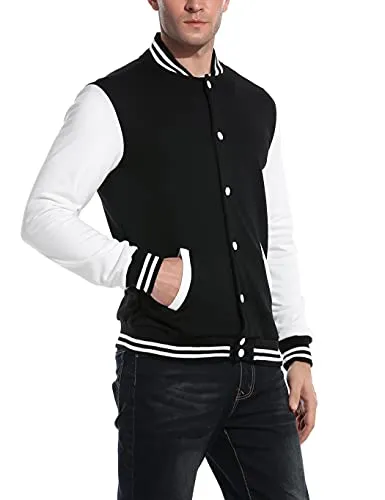 COOFANDY Men Fashion Long Sleeve Button Front Cotton Bomber Baseball Jacket(Black,Large)