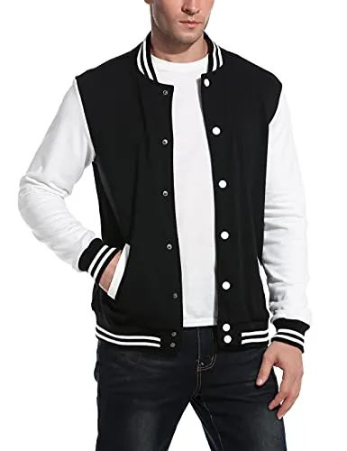 COOFANDY Men Fashion Long Sleeve Button Front Cotton Bomber Baseball Jacket(Black,Large)