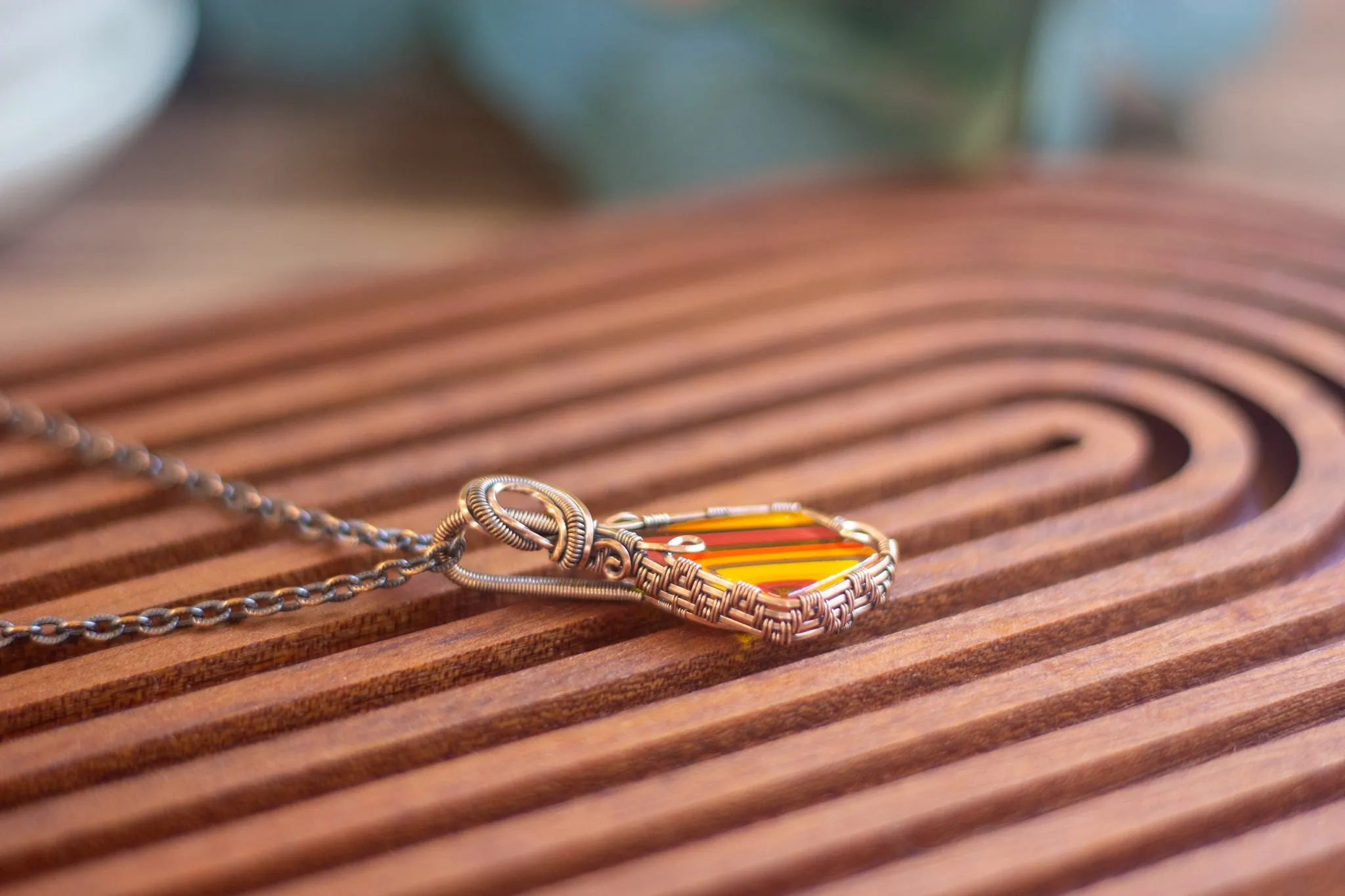 Copper Teardrop Pendant with "Shades of Fall" Fused Glass
