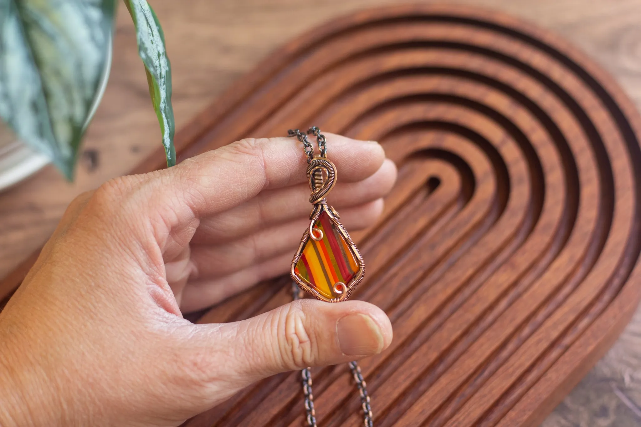 Copper Teardrop Pendant with "Shades of Fall" Fused Glass