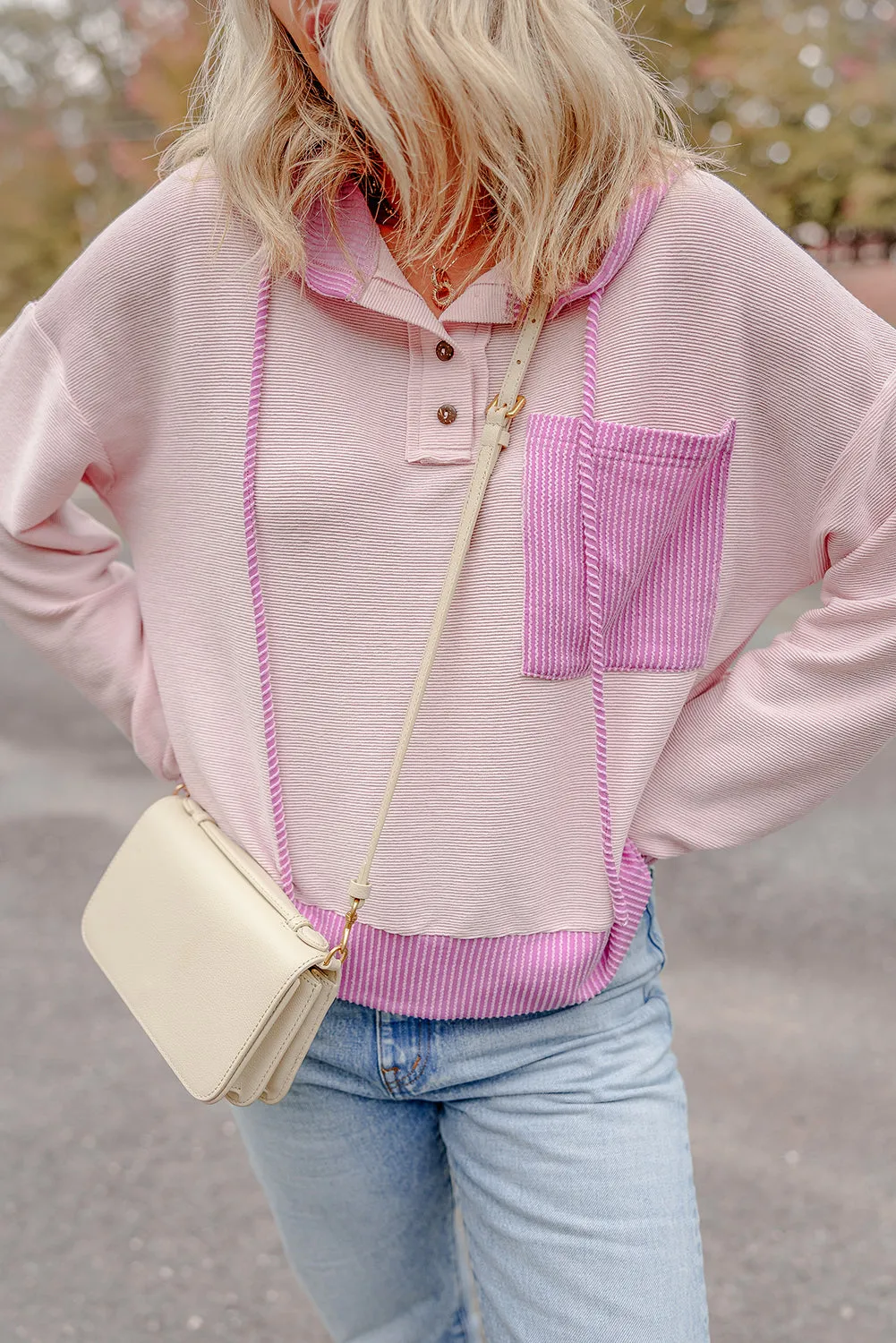 Corded Colorblock Patch Pocket Drawstring Hoodie Top