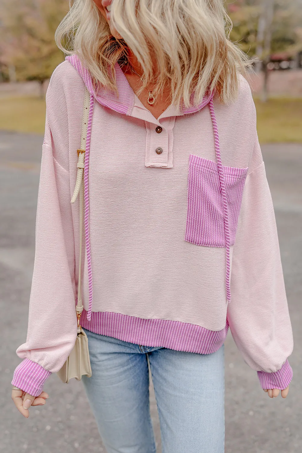 Corded Colorblock Patch Pocket Drawstring Hoodie Top