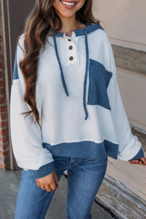 Corded Colorblock Patch Pocket Drawstring Hoodie Top