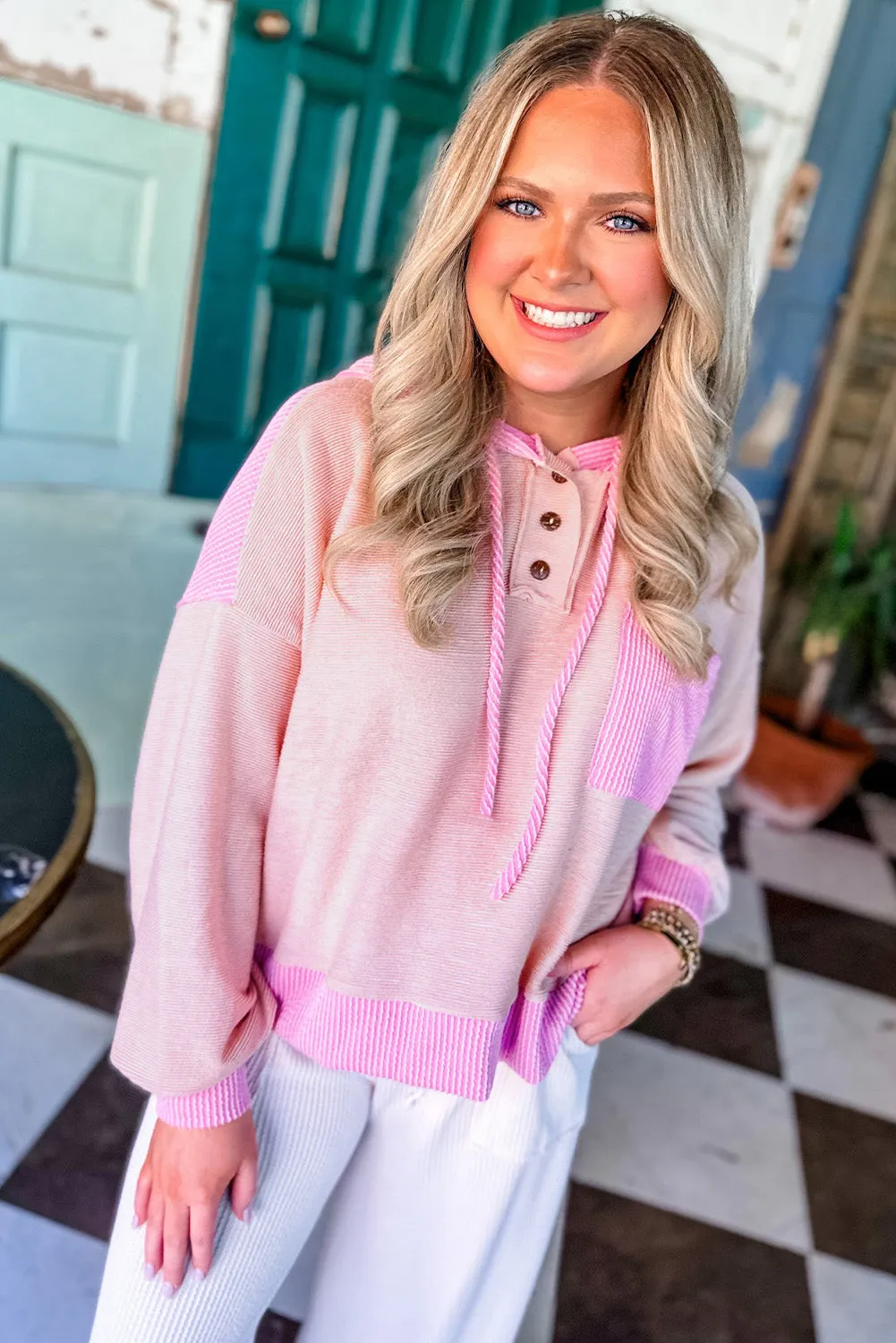 Corded Colorblock Patch Pocket Drawstring Hoodie Top