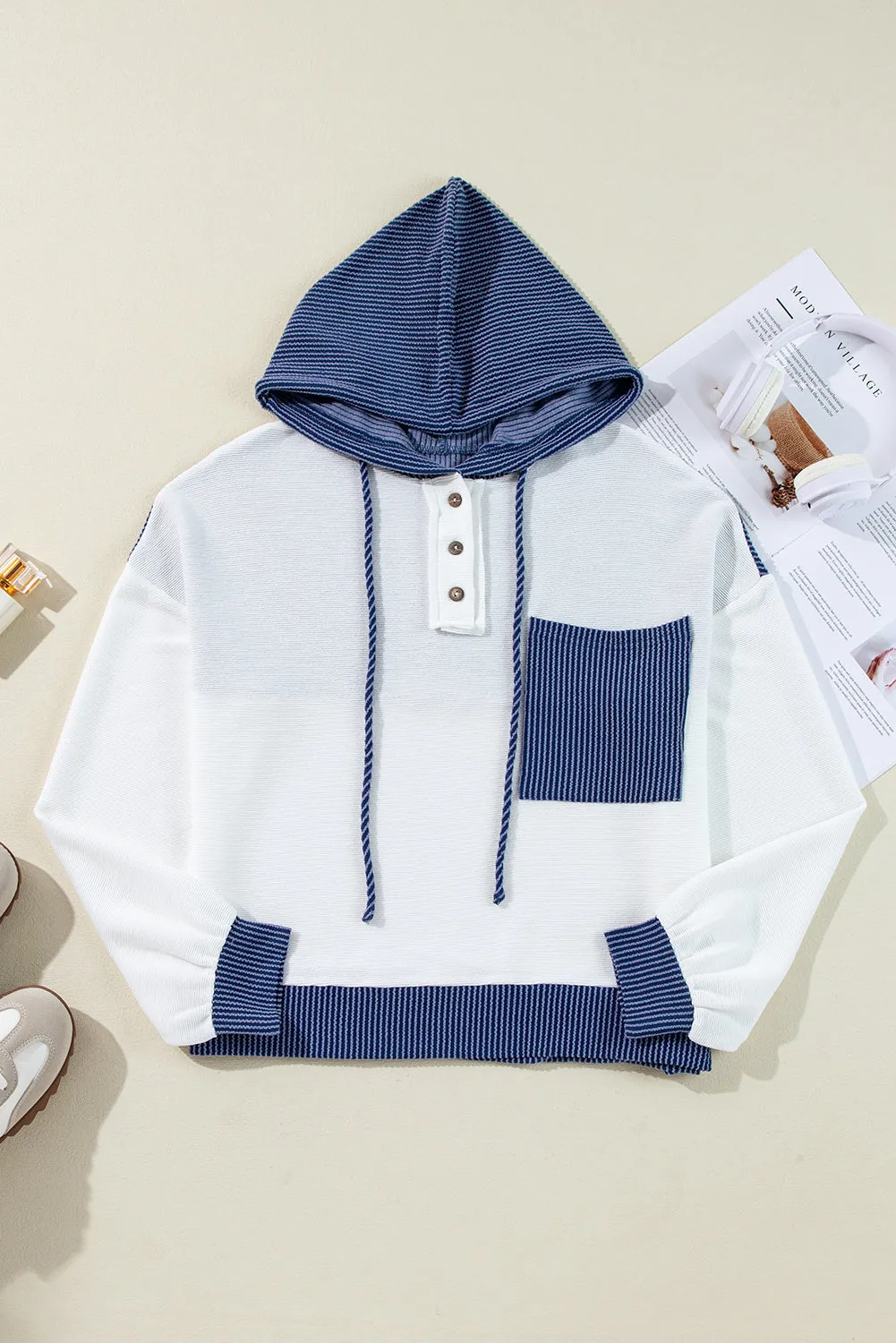 Corded Colorblock Patch Pocket Drawstring Hoodie Top