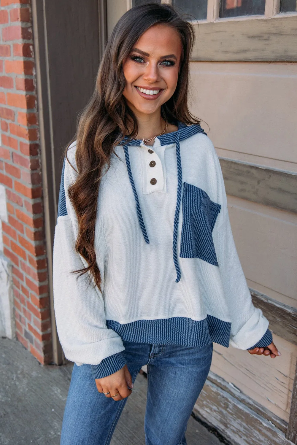 Corded Colorblock Patch Pocket Drawstring Hoodie Top