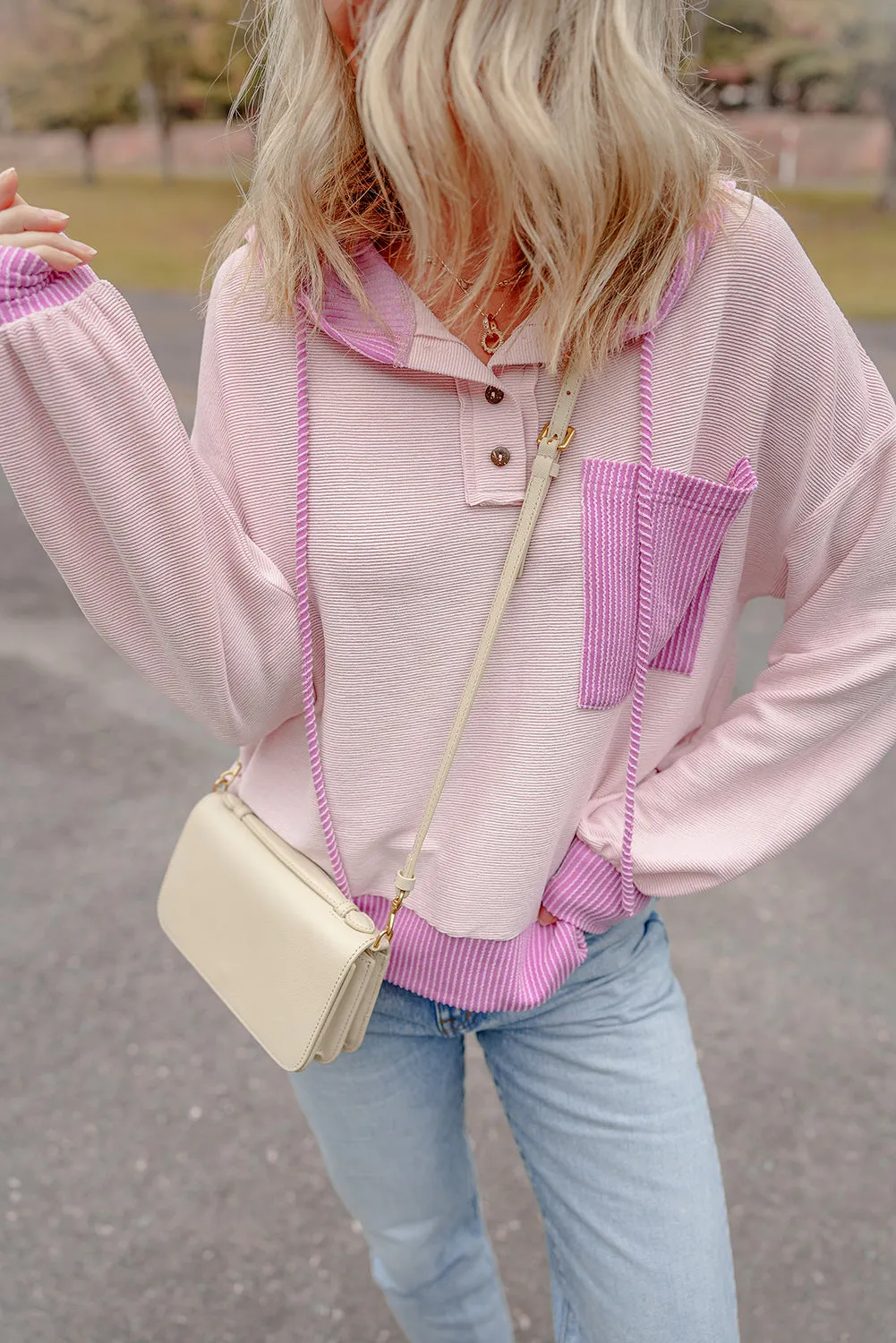 Corded Colorblock Patch Pocket Drawstring Hoodie Top