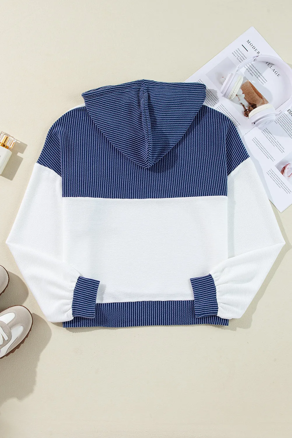 Corded Colorblock Patch Pocket Drawstring Hoodie Top