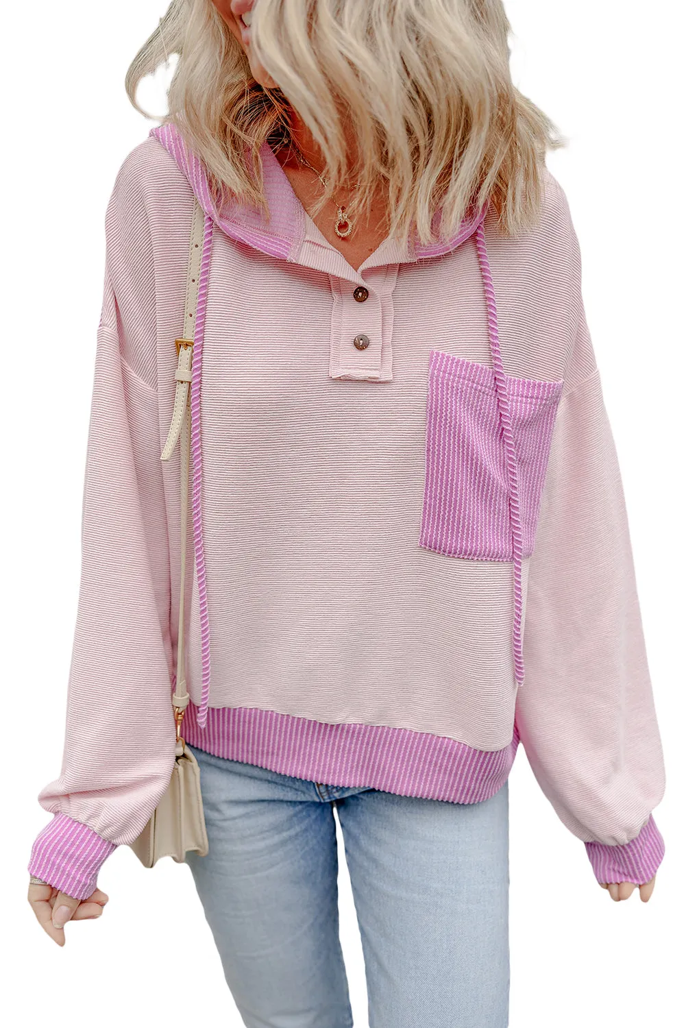Corded Colorblock Patch Pocket Drawstring Hoodie Top