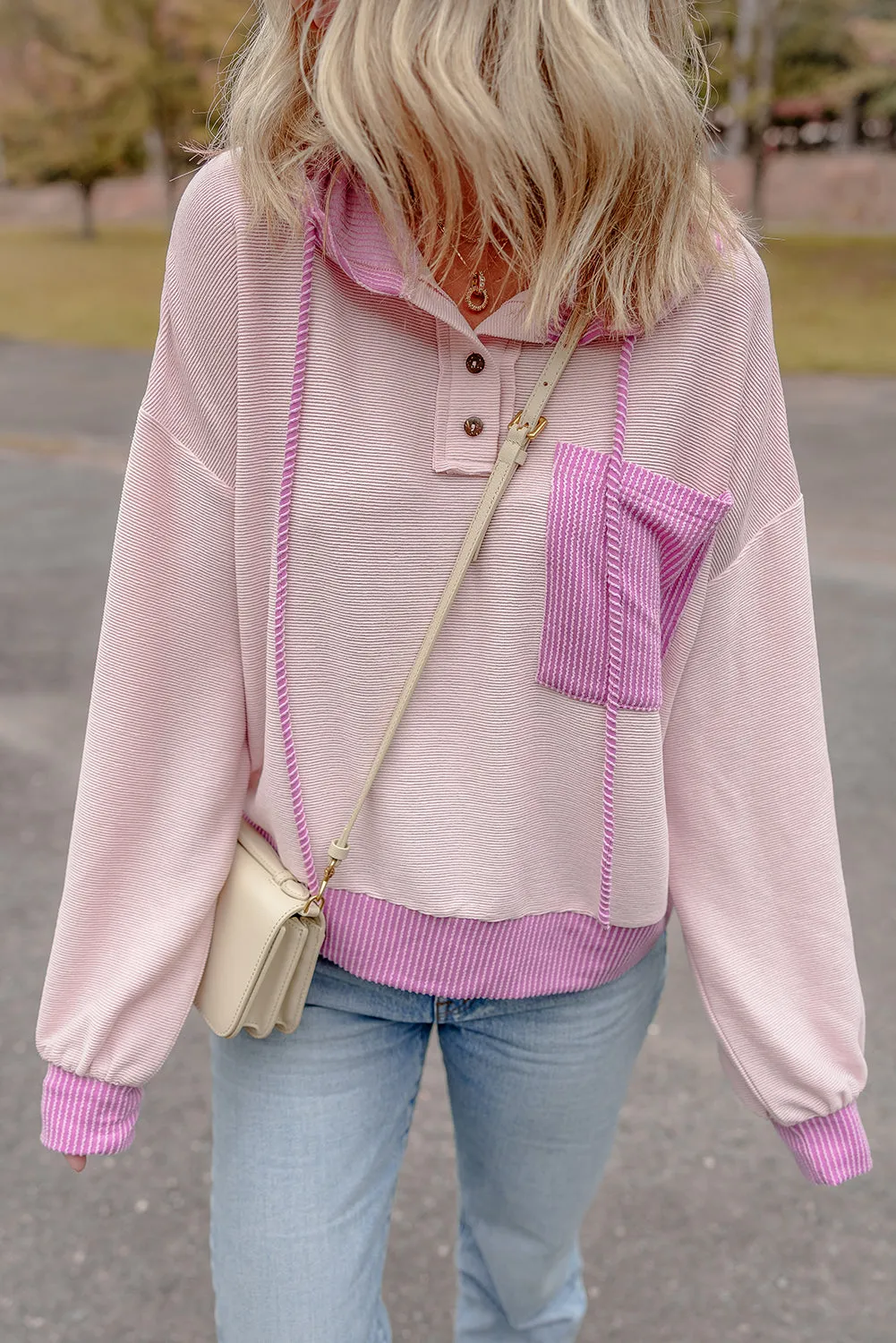 Corded Colorblock Patch Pocket Drawstring Hoodie Top