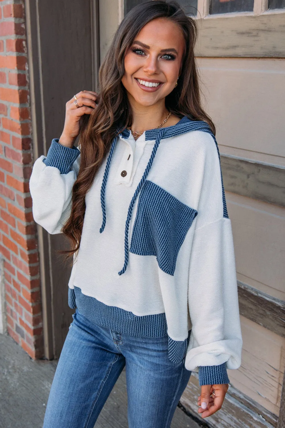 Corded Colorblock Patch Pocket Drawstring Hoodie Top
