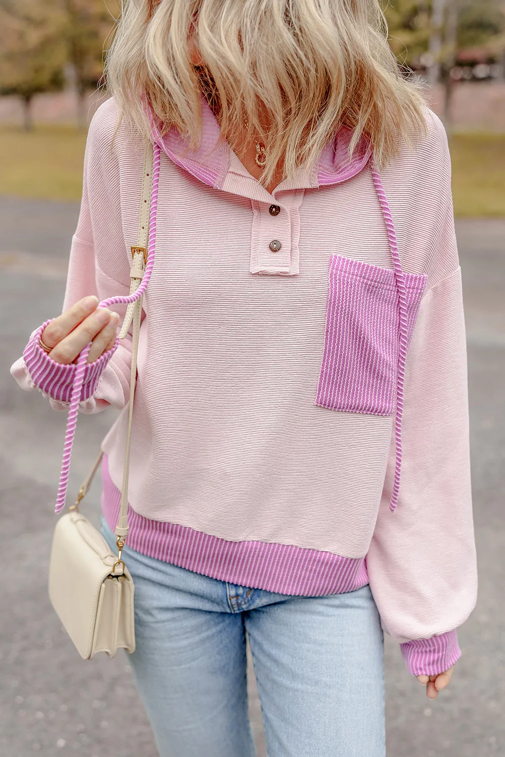 Corded Colorblock Patch Pocket Drawstring Hoodie Top