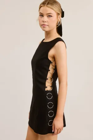 CUT-OUT RING LINEN BACK ZIPPER MINI DRESS