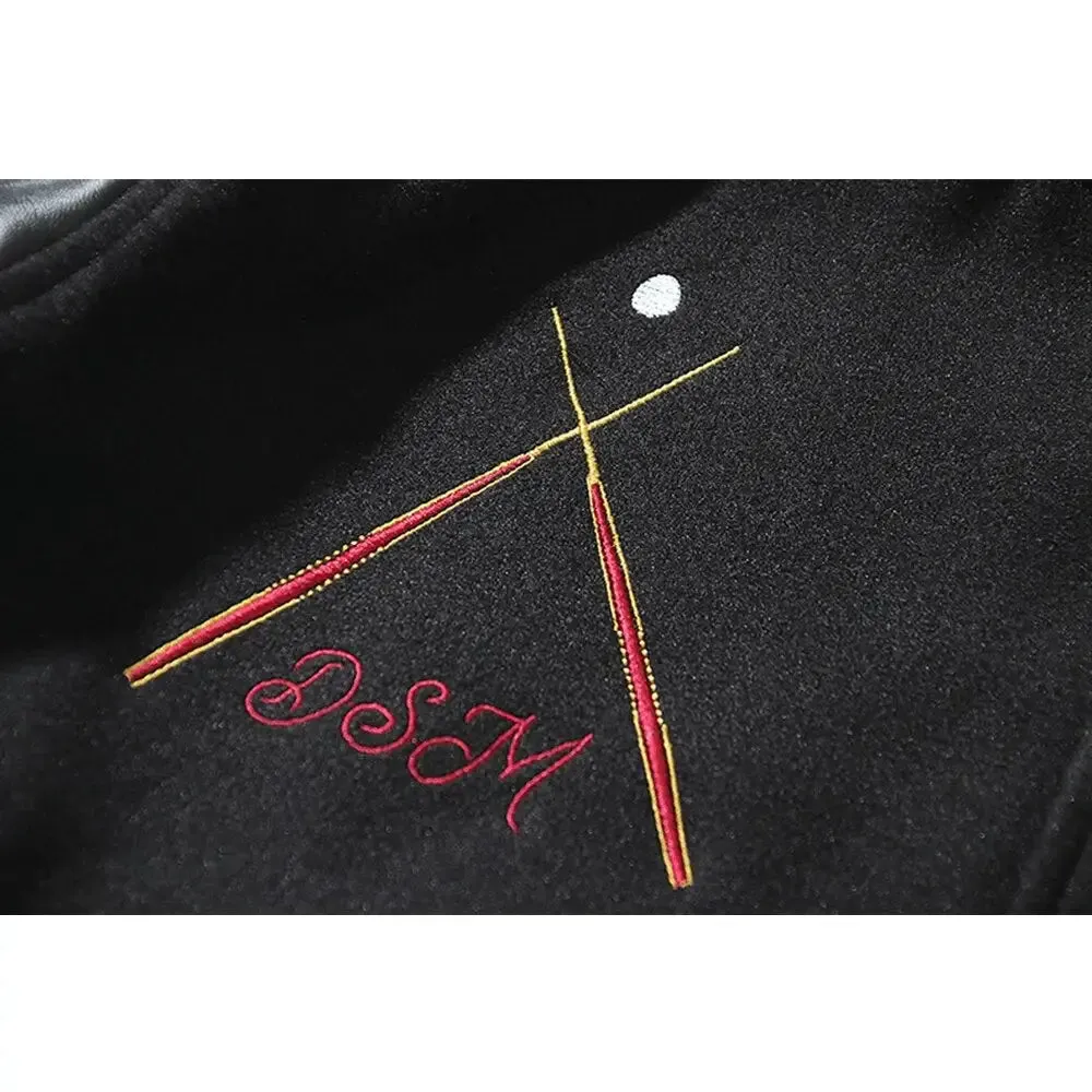 Dark Embroidery Leather Varsity Jacket for a Stylish Look