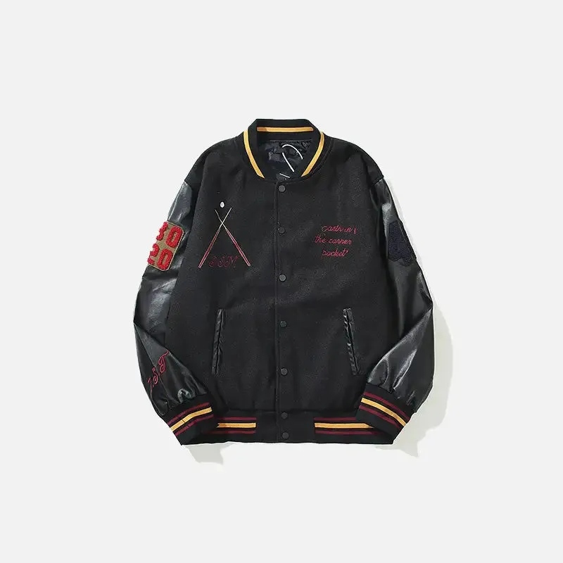 Dark Embroidery Leather Varsity Jacket for a Stylish Look