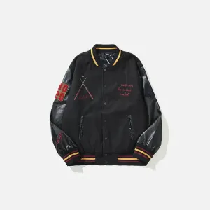 Dark Embroidery Leather Varsity Jacket for a Stylish Look
