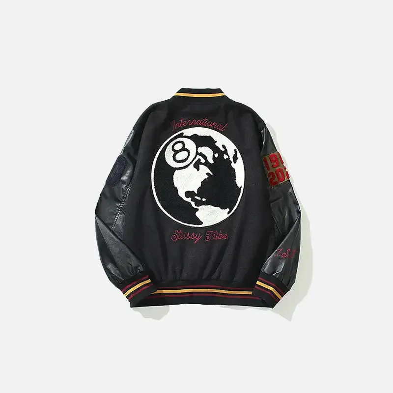 Dark Embroidery Leather Varsity Jacket for a Stylish Look