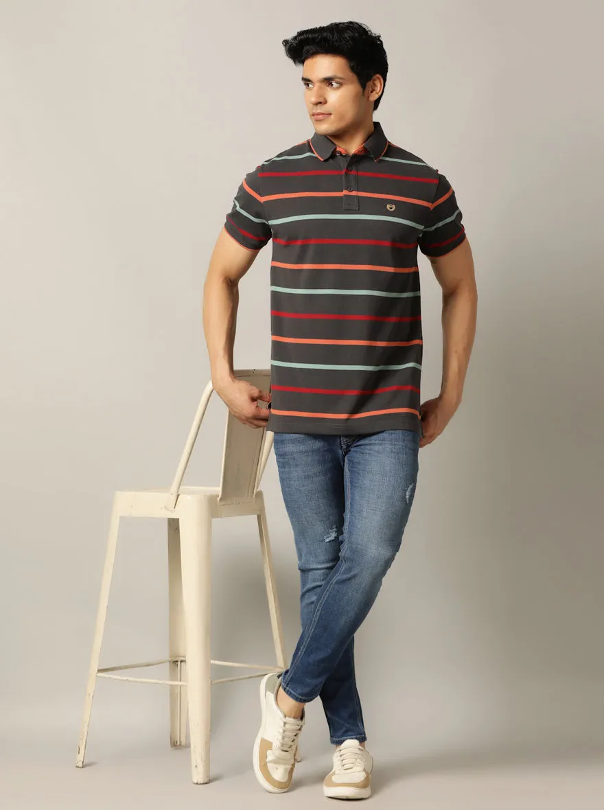Dark Grey Striped Slim Fit Polo T-Shirt | JadeBlue