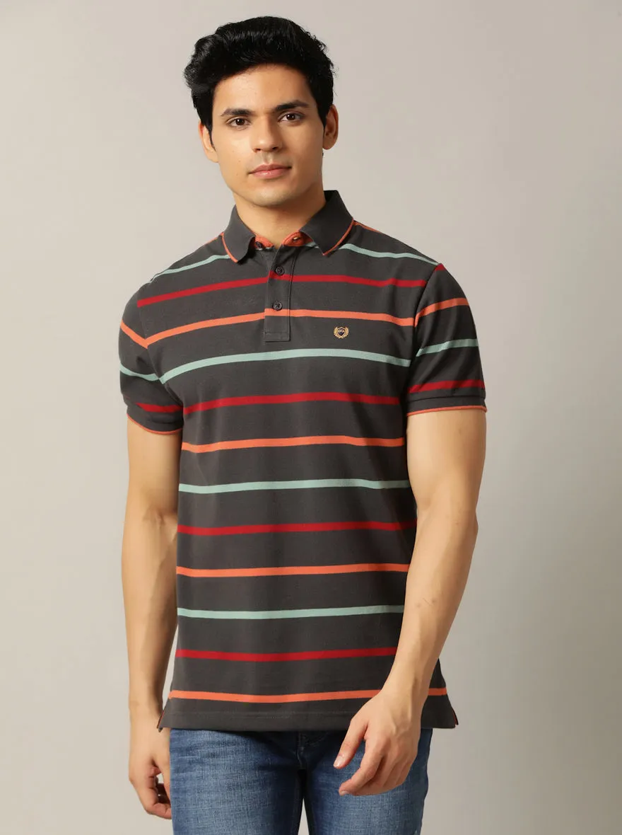 Dark Grey Striped Slim Fit Polo T-Shirt | JadeBlue